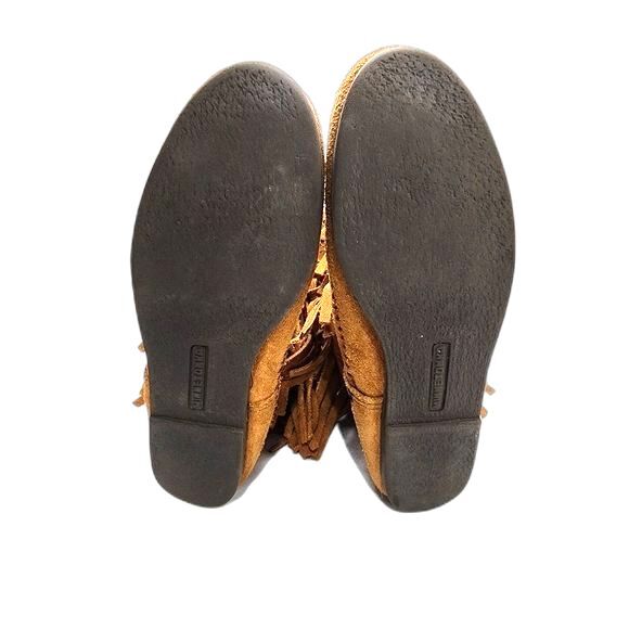 Minnetonka 3 Layer Fringe Genuine Leather Brown Mid Calf Moccasin Boots Size 6 - Picture 6 of 8